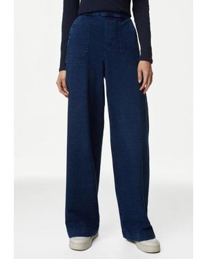 Marks & Spencer M&S Denim Elasticated Waist Wide Leg Trousers - Blue
