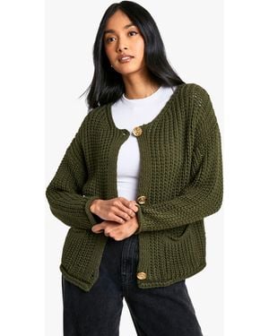 Boohoo Chunky Knit Button Detail Oversized Knitted Cardigan - Green