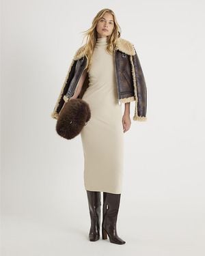 River Island Midi Dress High Neck Ribbed Sleeveless Cotton - Natural