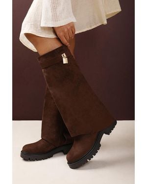 Where's That From 'Brescia' Fold Over Knee High Chunky Sole Boots - Brown