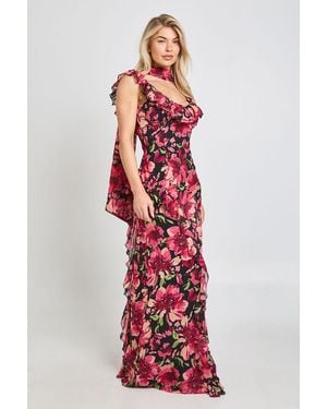 Boohoo Floral Ruffle Detail Maxi Dress With Scarf - Red