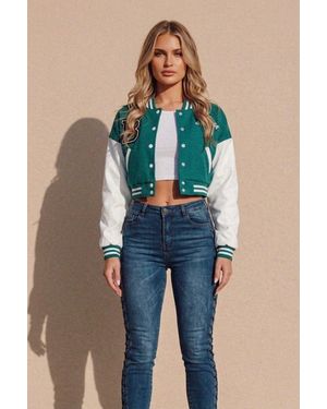 Femme Luxe Varsity Slogan Contrast Sleeve Bomber - Blue