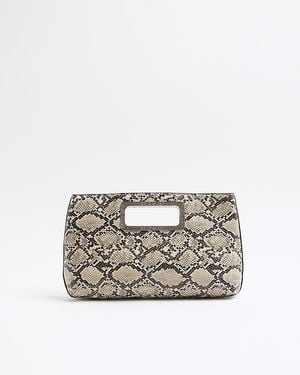 River Island Clutch Bag Metal Handle Snake Print Pu - White