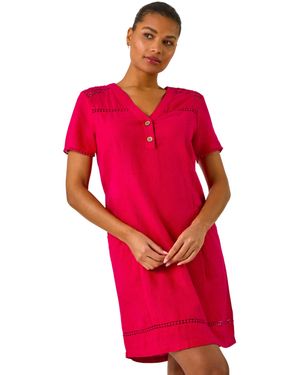 Roman Linen Mix Button Shift Dress - Red