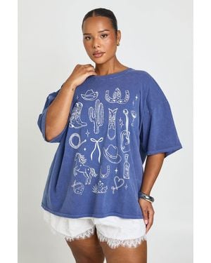 Boohoo Plus Cowboy Printed T Shirt - Blue