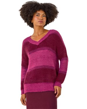 Roman V-Neck Stripe Knit Jumper - Red