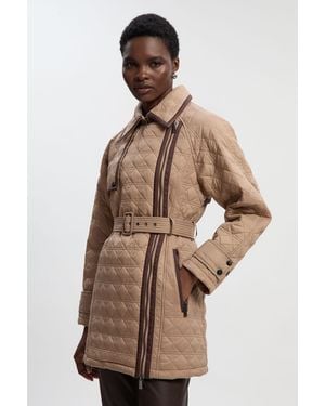 Karen Millen Diamond Quilted Belted Short Puffer Trench Jacket - Natural