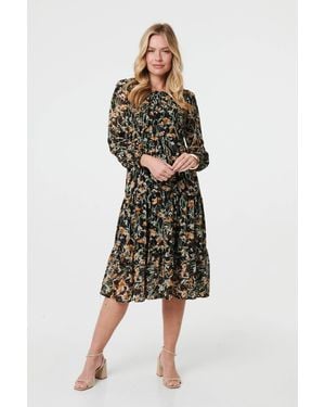 Izabel London Floral Long Sleeve Smocked Midi Dress - Black