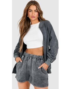 Boohoo Acid Wash Bomber Zip Through Short Tracksuit - Grey