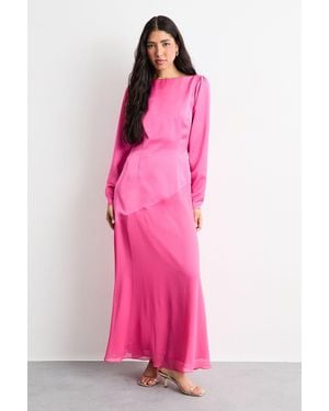 Warehouse Slash Neck Asymmetric Seam Detail Maxi Dress - Pink