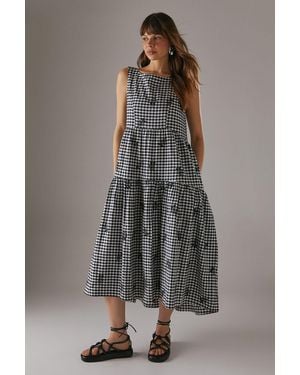 Warehouse Embroidered Gingham Sleeveless Midi Sundress - Grey