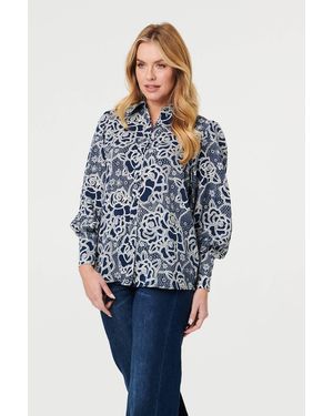 Izabel London Floral Abstract Long Sleeve Shirt - Blue