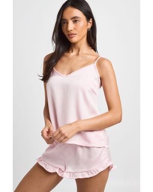 Boohoo Satin Cami & Frill Detail Short Pyjama Set - Pink