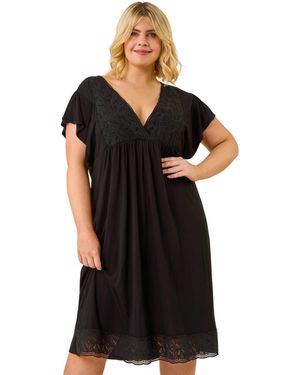Roman Curve Lace V-Neck Midi Dress - Black