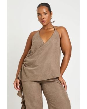 Boohoo Plus Peached Halter Neck Tie Ruffle Side Detail Top - Natural