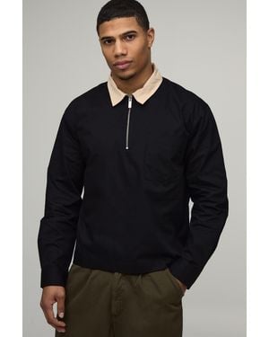 BoohooMAN Oversized Boxy Quarter Zip Contrast Collar Poplin Shirt - Blue