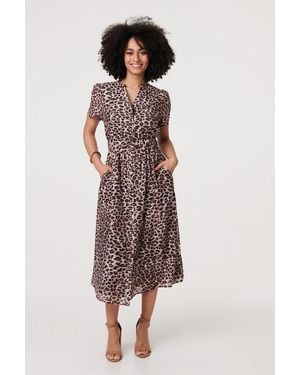 Izabel London Animal Print Belted Midi Shirt Dress - Natural