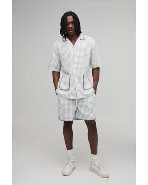 BoohooMAN Tall Windowpane Check Blanket Stitch Oversized Short Sleeve Shirt & Baggy Set - White