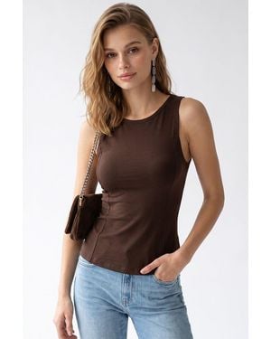 MixRay Sleeveless Fitted Crew Neck Blouse - Brown