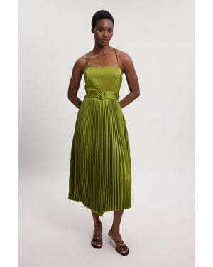 Karen Millen Satin Pleated Woven Midi Dress - Green