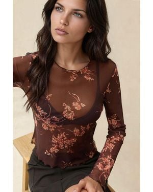 Hiccup Patterned Long Sleeve Sheer Blouse - Brown