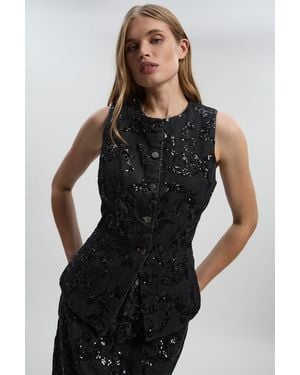 Karen Millen Sequin Denim Waistcoat - Black