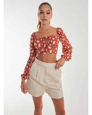 Pink Vanilla Floral Printed Long Balloon Sleeve Top - Orange