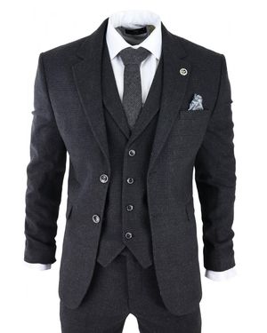 TruClothing 3 Piece Tweed Suit Peaky Blinders 1920S Gatsby Classic Tailored Fit Canvas - Black