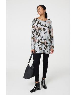 Izabel London Floral Wide Neck Relaxed Long Sleeve Top - White