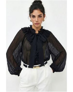 Bianco Lucci Button-Up Crepe Blouse With Bow Detail - Black