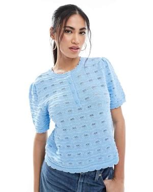 Vero Moda Short Sleeved Crochet Top With Buttons - Blue