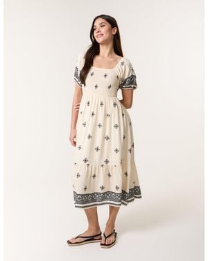 Blue Vanilla Shirred Square Neck Border Print Puff Sleeve Midi Dress - Natural