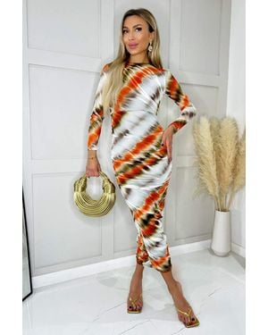 AX Paris And Abstract Print Mesh Long Sleeve Bodycon Midi Dress - White