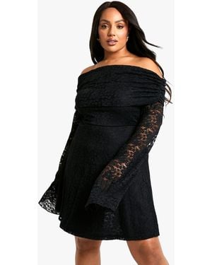 Boohoo Plus Lace Off Shoulder Flared Skater Dress - Black