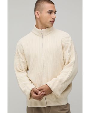 BoohooMAN Relaxed Fit Ribbed Track Knitted Jacket - Natural