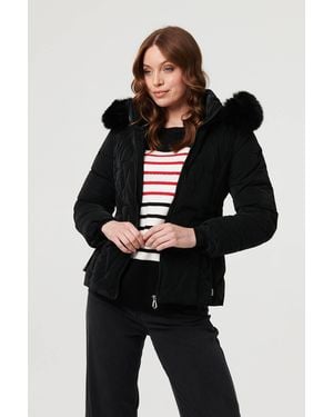 Izabel London Faux Fur Trim Hooded Zip-Up Jacket - Black