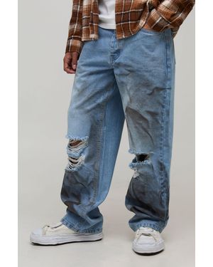 BoohooMAN Dirty Wash Ripped Knee Relaxed Fit Jeans - Blue