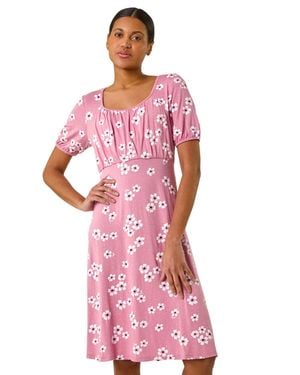 Roman Floral Print Stretch Jersey Dress - Pink