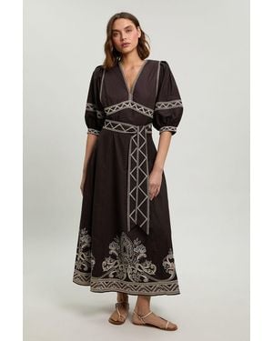 Karen Millen Embroidered Detail Belted Midi Dress - Black