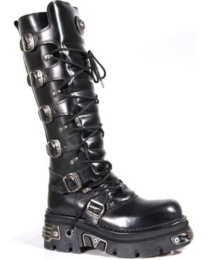 New Rock Knee High Leather Gothic Boots-272-S1 - Black