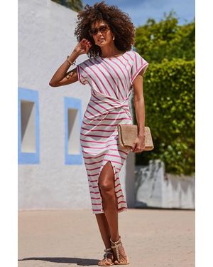 Sosandar Stripe Print Twist Detail Dress - Pink