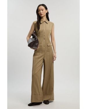 Karen Millen Tencel Cotton Contrast Stitch Zip Front Woven Jumpsuit - Natural