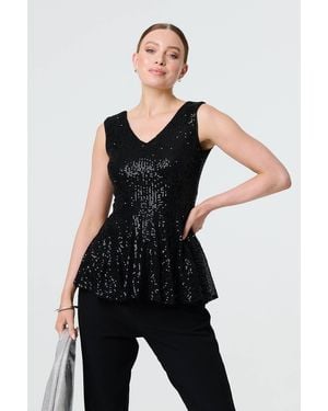 Izabel London Sparkly Sequin Sleeveless Peplum Top - Black