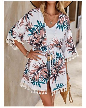 Everyday the Label Tassel Tied Printed Half Sleeve Cover Up - White