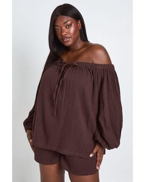 Boohoo Plus Cheesecloth Off Shoulder Top & Short Co Ord Set - Brown