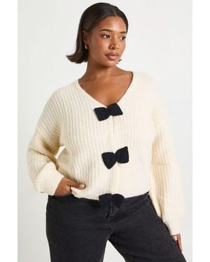 Boohoo Plus Bow Detail Knit Cardigan - Natural