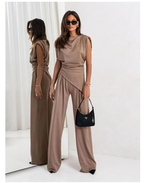 Everyday the Label Slit Ruched Top And Wide Leg Trousers Set - Brown