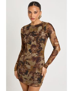 Boohoo Printed Glitter Mesh Mini Dress - Brown