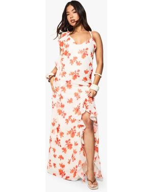 Boohoo Petite Floral Cowl Neck Backless Maxi Dress - Red