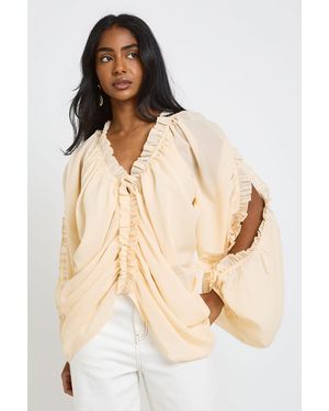 Boohoo Cold Shoulder Ruffle Blouse - Natural